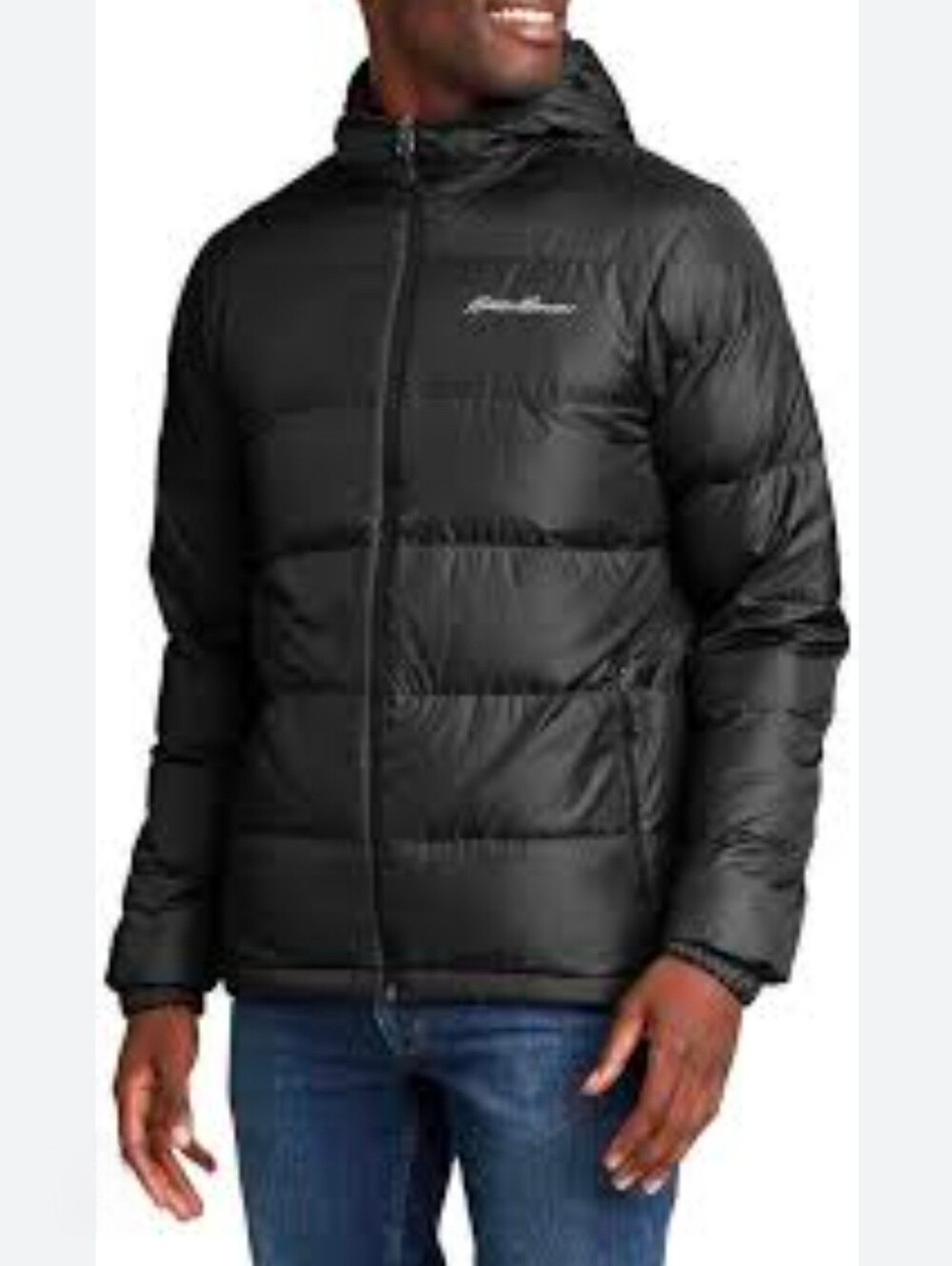 Eddie Bauer 80% Down Wide Channel Puffer Jacket Mens M Hooded Lightweight Black